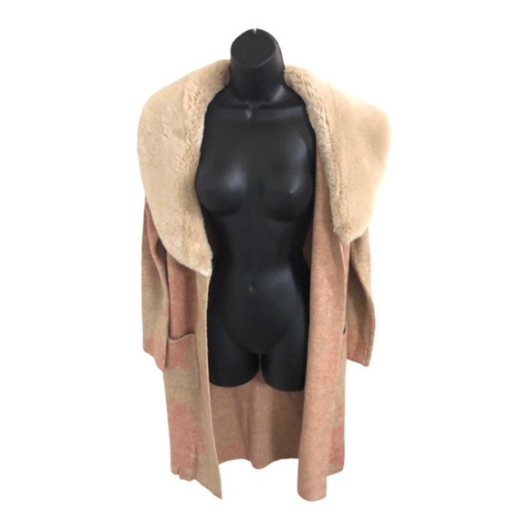 Tan & pink glam oversized faux fur collar open front long cardigan size small - Picture 3 of 14